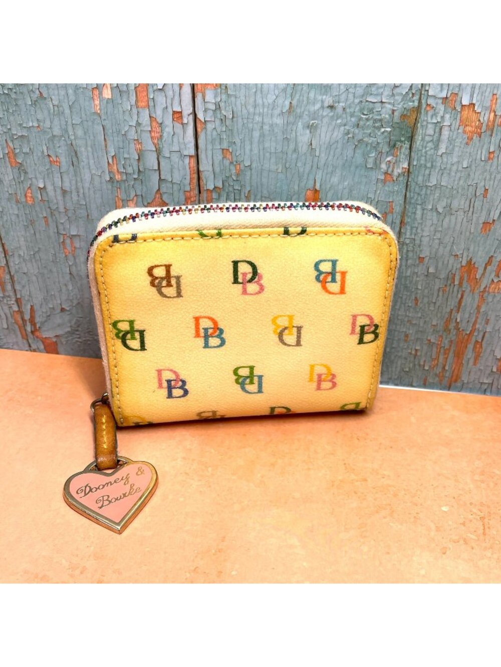 Dooney & Bourke Vintage Multicolor DB Monogram Yellow Leather Small Zip Wallet